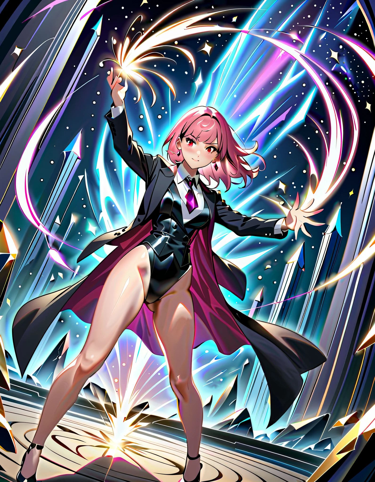 masterpiece, best quality, high res, 4k, 8k, 1girl, solo, solo focus, 1female, pink hair, medium hair, bangs, crystal earrings, red eyes, site collared shirt, black vest, high leg, black leotard, bare legs, black high heels, black suit jacket, magician, casting a spell, standing battle stance, spellcasting, magic, space backdrop, diffraction spikes, light particles, Dutch angle, fix hands.