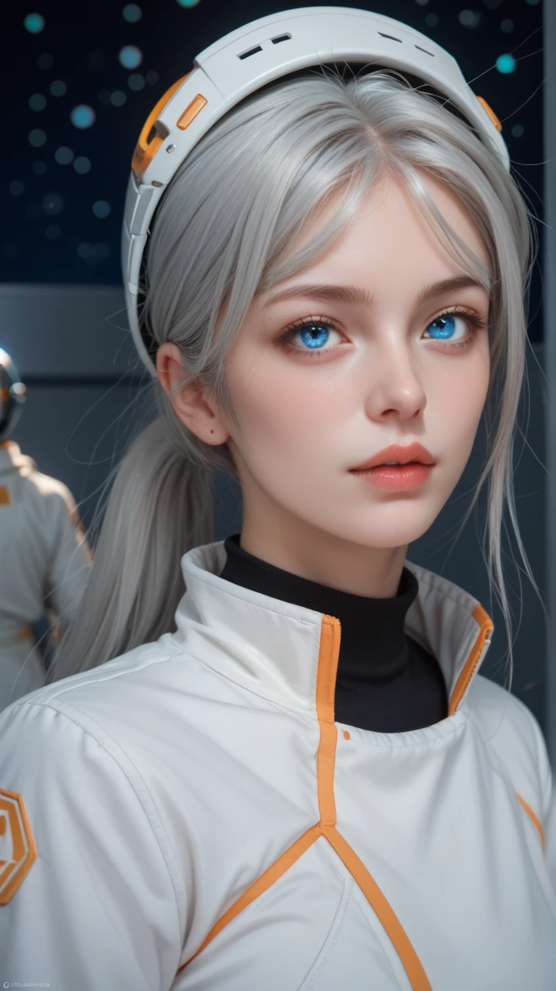 ( close-up of an excellent masterpiece:1.5)0.9]，(Space and astronauts:1.2) (Messy silver hair:1.1) (Heterochromia yellow blue eyes:1.2) (Space Helmet:1.0) ( has colored stars in her eyes:1.0) (Dazzling light:1.1) (Thick lips:0.9)