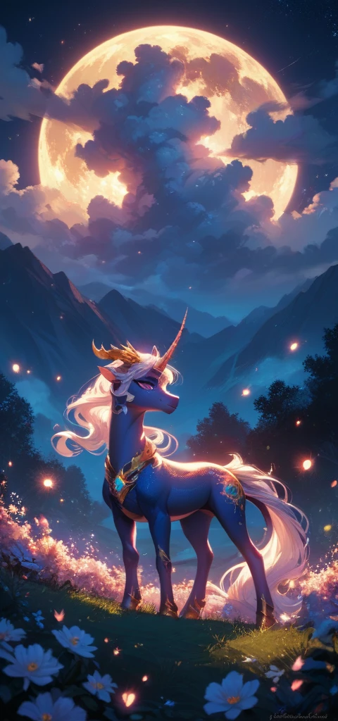 Night time shot, beautiful unicorndragon ,in vast land