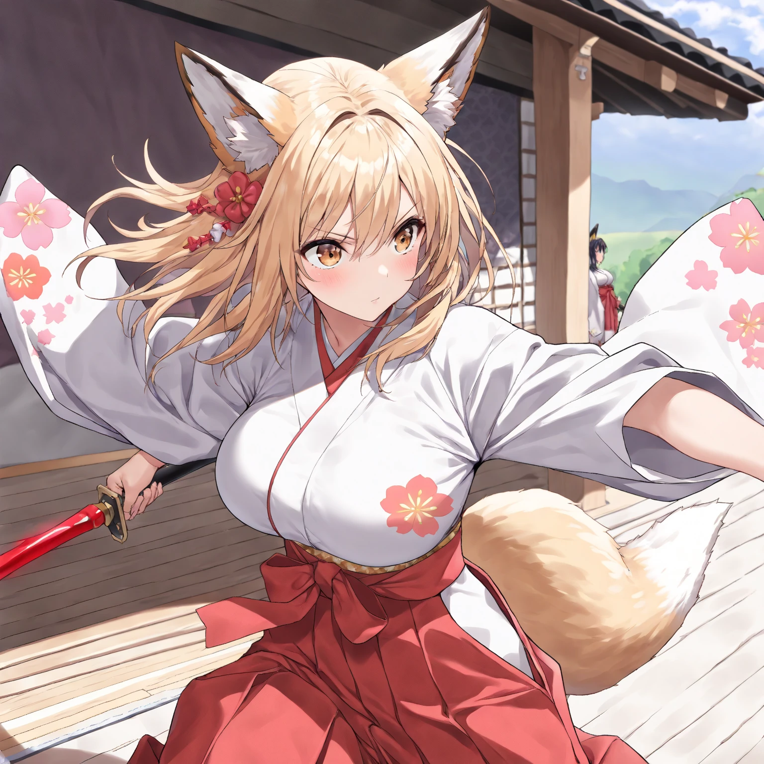 Long hair、Straight Hair、 (Red eyes:1.5), animal ears, tail, GOLD hair, fox ears, fox tail, Casually worn kimono、Holding a Japanese sword、Shining blade,Off the shoulder、胸の谷間 BREAK looking at viewer, BREAK outside, BREAK (masterpiece:1.2), best quality, high resolution, unity 8k wallpaper, (illustration:0.8), (beautiful detailed eyes:1.6), extremely detailed face, perfect lighting, extremely detailed CG, (perfect hands, perfect anatomy),Are standing、Slanted Eyes、whole body