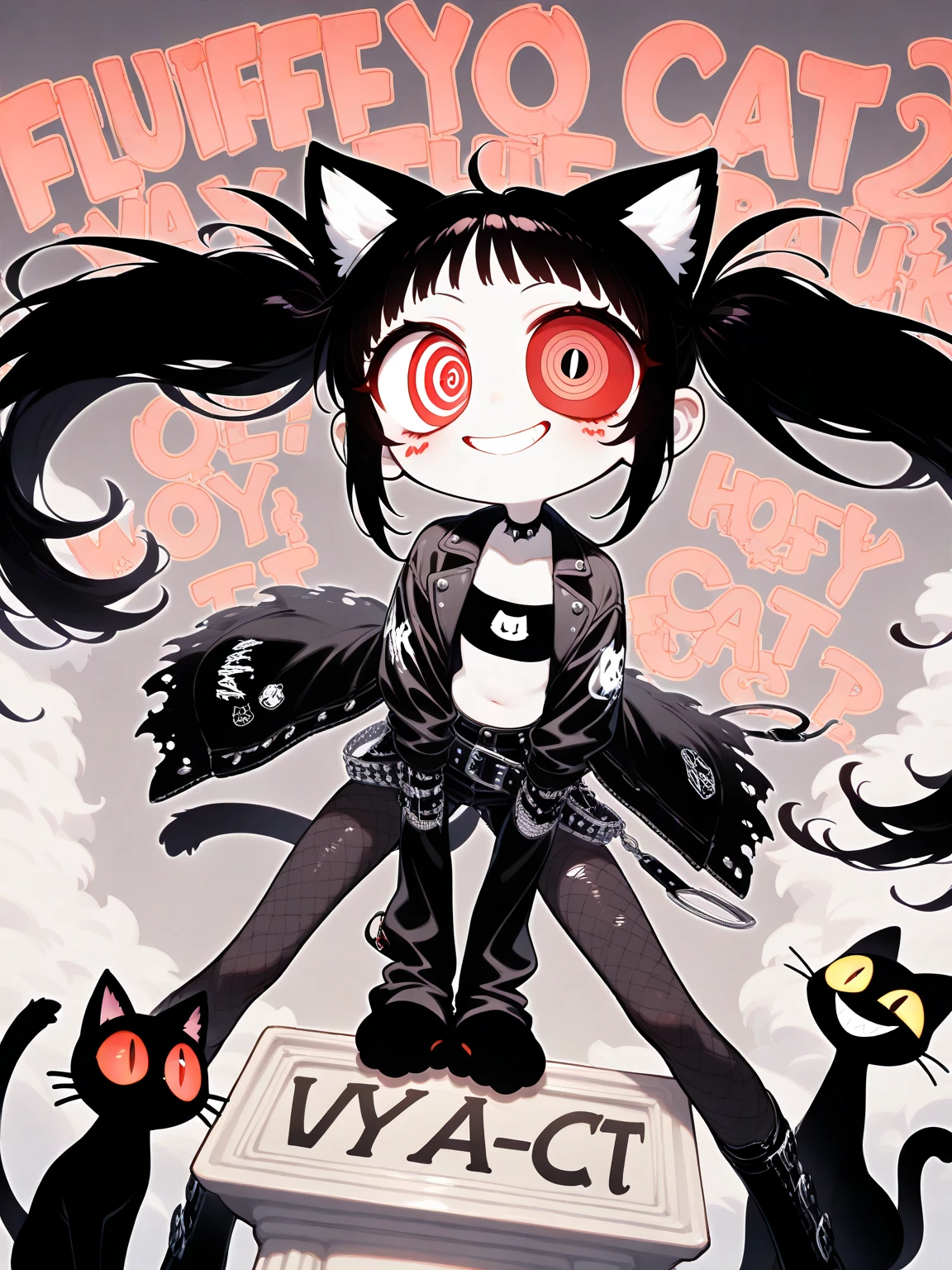 (solo:1.3), 1girl\(cute, kawaii, (Evil Smile), stand on the podium, (text says "YAY♥":1.3), black hair, (long hair),(twin tails:1.4), red eyes, (detail pupils:1.4),spiral eye, short jacket, shining eye, (big eye),(brest:1.2),(white skin:1.3), (punk fashion:1.6),(ripped clothes:1.3),(tight tube top),(tight hot pants),(stomach shown:0.8),(abs:0.8),(ripped black short jacket:1.4),(Fluffy black cat-ear:1.6),(dynamic pose:1.4),(bangs:1.2)\). BREEAK .background\(outside, noisy city, backstreet, narrow street, at night\), pop art, vivid color, (graffiti art:0.5)