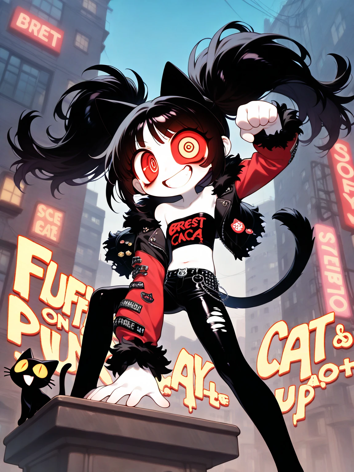 (solo:1.3), 1girl\(cute, kawaii, (Evil Smile), stand on the podium, (text says "YAY♥":1.3), black hair, (long hair),(twin tails:1.4), red eyes, (detail pupils:1.4),spiral eye, short jacket, shining eye, (big eye),(brest:1.2),(white skin:1.3), (punk fashion:1.6),(ripped clothes:1.3),(tight tube top),(tight hot pants),(stomach shown:0.8),(abs:0.8),(ripped black short jacket:1.4),(Fluffy black cat-ear:1.6),(dynamic pose:1.4),(bangs:1.2)\). BREEAK .background\(outside, noisy city, backstreet, narrow street, at night\), pop art, vivid color, (graffiti art:0.5)