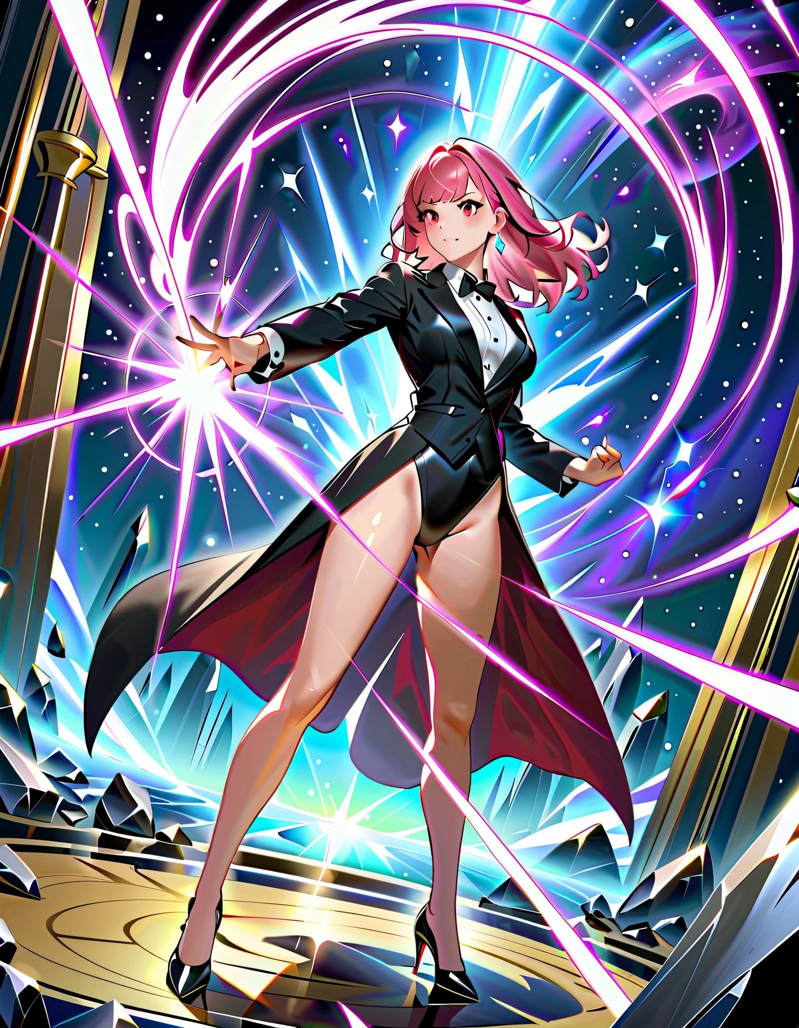 masterpiece, best quality, high res, 4k, 8k, 1girl, solo, solo focus, 1female, pink hair, medium hair, bangs, crystal earrings, red eyes, site collared shirt, black vest, high leg, black leotard, bare legs, black high heels, black tuxedo, magician, casting a spell, standing battle stance, spellcasting, magic, space backdrop, diffraction spikes, light particles, Dutch angle, fix hands.