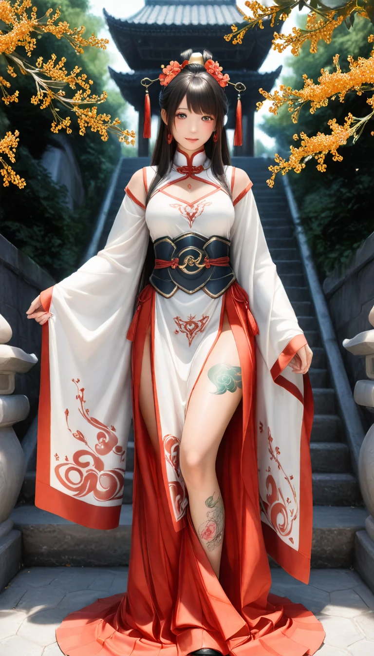 An ancient Chinese beauty, charming temperament, flowing long skirt, clear face, beautiful eyes, osmanthus surrounding, perfect body structure proportional masterpiece, super detailed, epic composition, color tattoo art, new traditional tattoo art, SD tattoo design, color tattoo art, mysterious warm and friendly atmosphere, hyper-realistic painting, super HD, high quality, highest quality, 32k --v 6