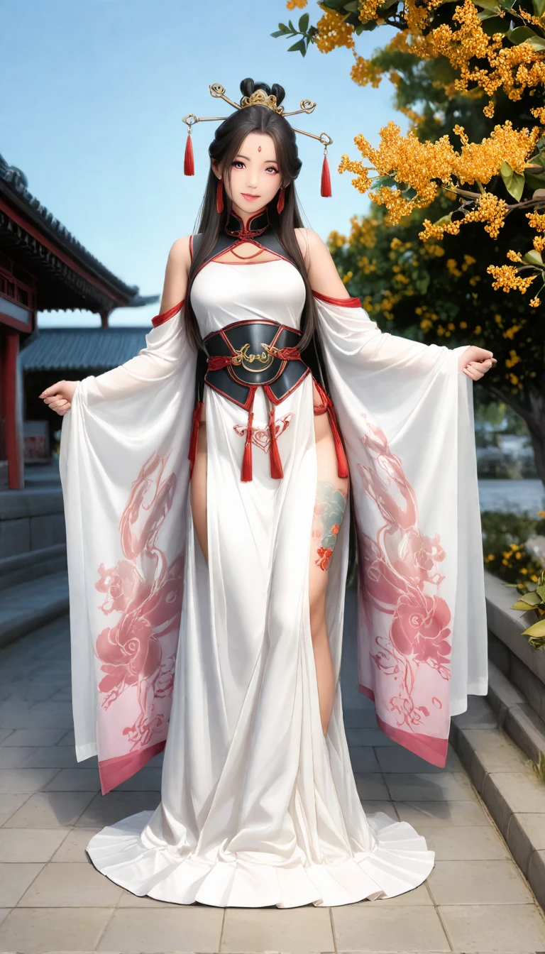 Photorealistic, high resolution, 1 woman, hips up, Beautiful eyes, Long hair, ringed eyes, jewelry, tattoo, hanfu, Chinese fairy, thick thighs