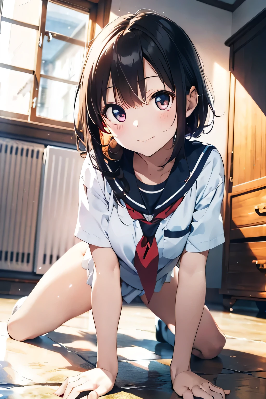 (extremely high quality artwork), (extremely detailed CG 8k), (masterpiece) ,(extremely cute girl), short, (innocent face), ((innocent smile)), shiny hair, (slim body), (small breasts), ((finely detailed beautiful eyes)), (eyes with brightness), look at viewer, (seductively posing on all fours on floor), (spread legs), (school uniform), (white sailor suit), (((lower body is completely naked))), beautiful skin, pale skin, shiny skin, (bright color), vibrant colors, natural light, (glare), 
