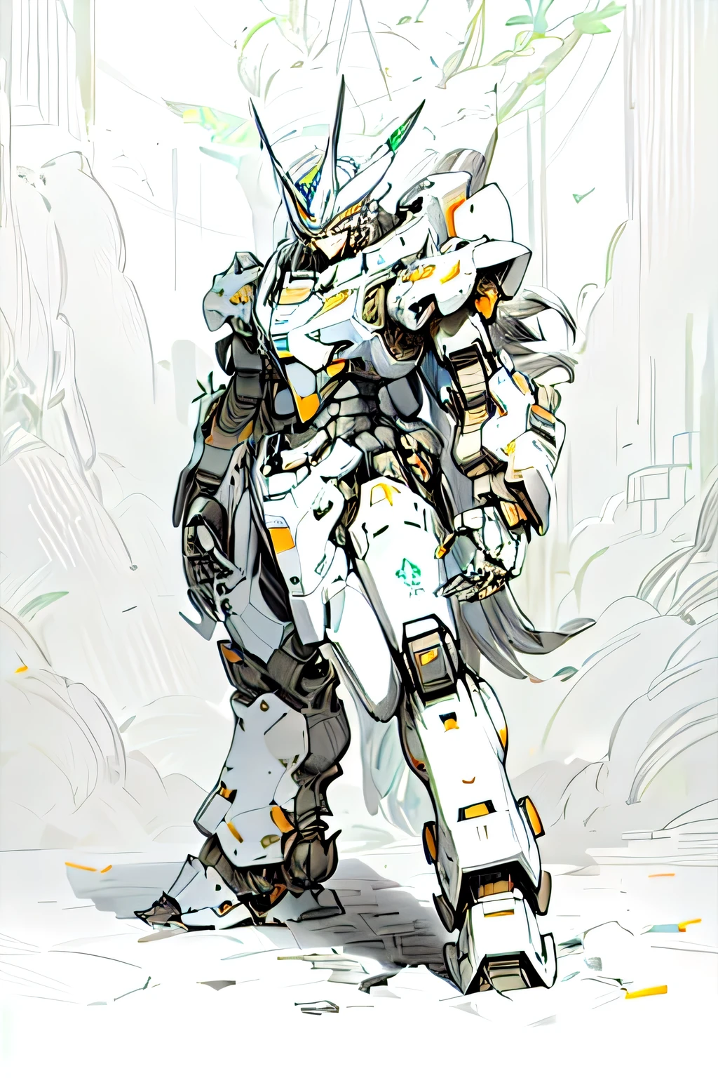 Close-up of a silver and orange bulky mech standing on a Steele surface, silver bulky Mecha, alexandre ferra silver bulky Mecha, Cool mecha style, Wearing silver futuristic armor, Large bulky mecha robot in anime, Armored Core-style mecha, orange Mechabot, Mecha style Greek god, Amazing mecha robots, A mix of anime robots and organic matter, Streamlined silver armorLa mejor calidad, Detalle, Detalles altos, Alta calidad, Bloom, Diseño de personaje, Arte conceptual, Animado, Estilo animado, 