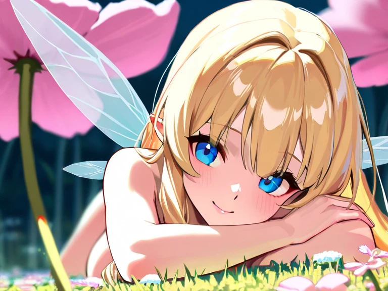 masterpiece, 4k, 8k, 16k. in the centre of a large pink flower there is a fairy with pale gossamer wings, she is naked and has long blonde hair and blue eyes. (she is talking to a bumble bee) and has both hands either side of its head

