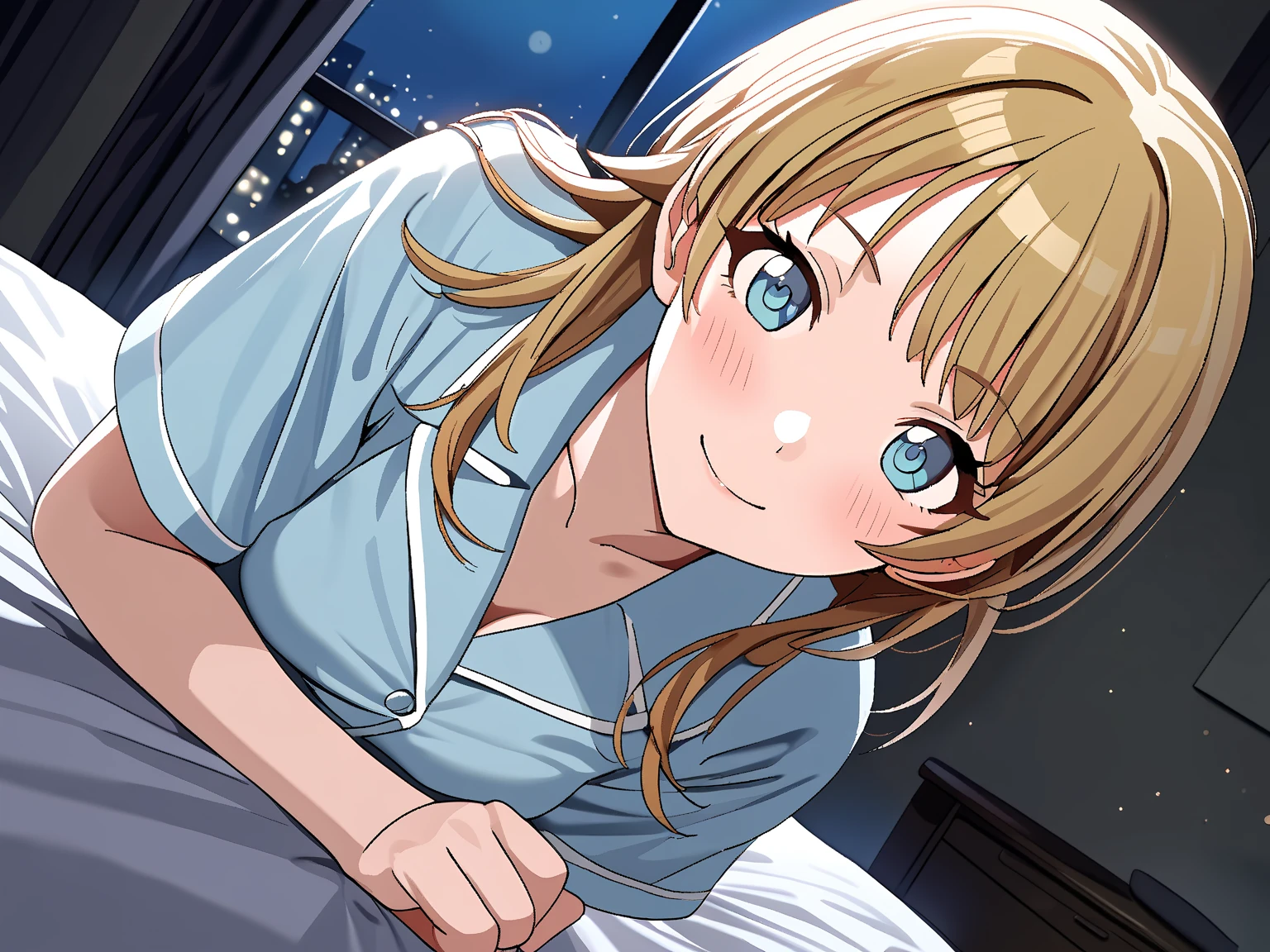 (masterpiece), (Highest quality), (Very detailed), (The best shape), (Best Shadow), (Absurd), (Detailed Background), (so beautiful), Shiny, Beautiful eyes in every detail, Extraordinary, Countershading, 8k, 32K, High resolution, Very Detailed CG,

Hachimiya Meguru, blonde hair, long hair, (blue eyes:1.2),
the idolmaster shiny colors,
anime style,
realistic skin,

(blush:1.3),
smile,
bedroom,
pajamas ,
pov across bed,
bed invitation,  lifting covers,
(pich-Dark Room:1.2),
(late night,:1.3)
わずかな明かり,
closed-up shot,
dramatic angle,