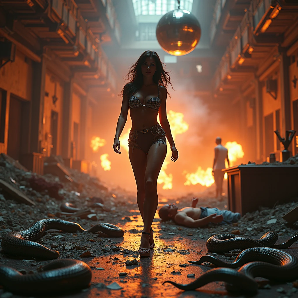 8k, masterpiece, RAW photo, best quality, photorealistic, extremely detailed CG unity 8k wallpaper, Depth of field, Cinematic Light, Lens Flare, Ray tracing, (extremely beautiful face, beautiful lips, beautiful eyes), intricate detail face, ((ultra detailed skin)), ((1girl:1.6)), ((alone:1.4)), ((standing)), at night inside a grunge warehouse, deep shadow, [Raiana-Elizabeth-Dilla], pretty girl, (very slim slender fit-muscled body:1.3), ((beautiful legs:1.4)), ((looking at viewer)),(big smile:1), (sexy ((see-through)) ((ultra-short ((red:1.1)) punk-style uniform))), ((dark scenery,nightlife,urbanlife)), (industrial decay,urban texture,vivid colors,raw and gritty details,rusty metal,peeling paint,dusty atmosphere,broken windows,abandoned objects,loneliness and solitude,worn-out furniture,cracks and crevices,graffiti-covered walls,harsh and dramatic lighting,unpredictable angles,concrete floors,dirt and debris,smudges and stains), (blurred background:1.4), ((without people in the background:1.5)), beautiful earrings, bracelets, necklace, red pendant, clear eyes, ((tattoos)), (pale skin), (face forward), ((full-body:1.8, cinematic shot)), soft lighting, (long black hairs), (looking at viewer:1.8), cleavage breasts, (large breasts:1.6), touching the breast, highly detailed, ultra realistic, extremely detailed and realistic ((red:1.1)) clothes.