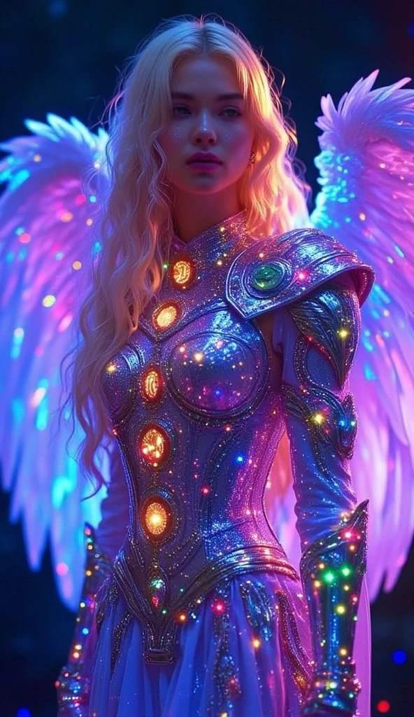 (best quality, 128k,highres,masterpiece:1.2),ultra-detailed,(realistic,photorealistic,photo-realistic:1.37), ((masterpiece)) ((photography)) ((Highest quality)) A hyper-realistic and highly detailed illustration of a mystical angel with vibrant, glowing wings that shimmer in shades of blue, purple, and bronze. She has long, wavy blonde hair cascading over her shoulders and wears intricate, metallic armor adorned with glowing magical symbols and runes. Her gaze is intense and mysterious, and her outfit combines elegance and fantasy with jewel-like textures and swirling energy orbs embedded in her attire. The background is dark and mystical, with an ethereal, enchanted atmosphere.