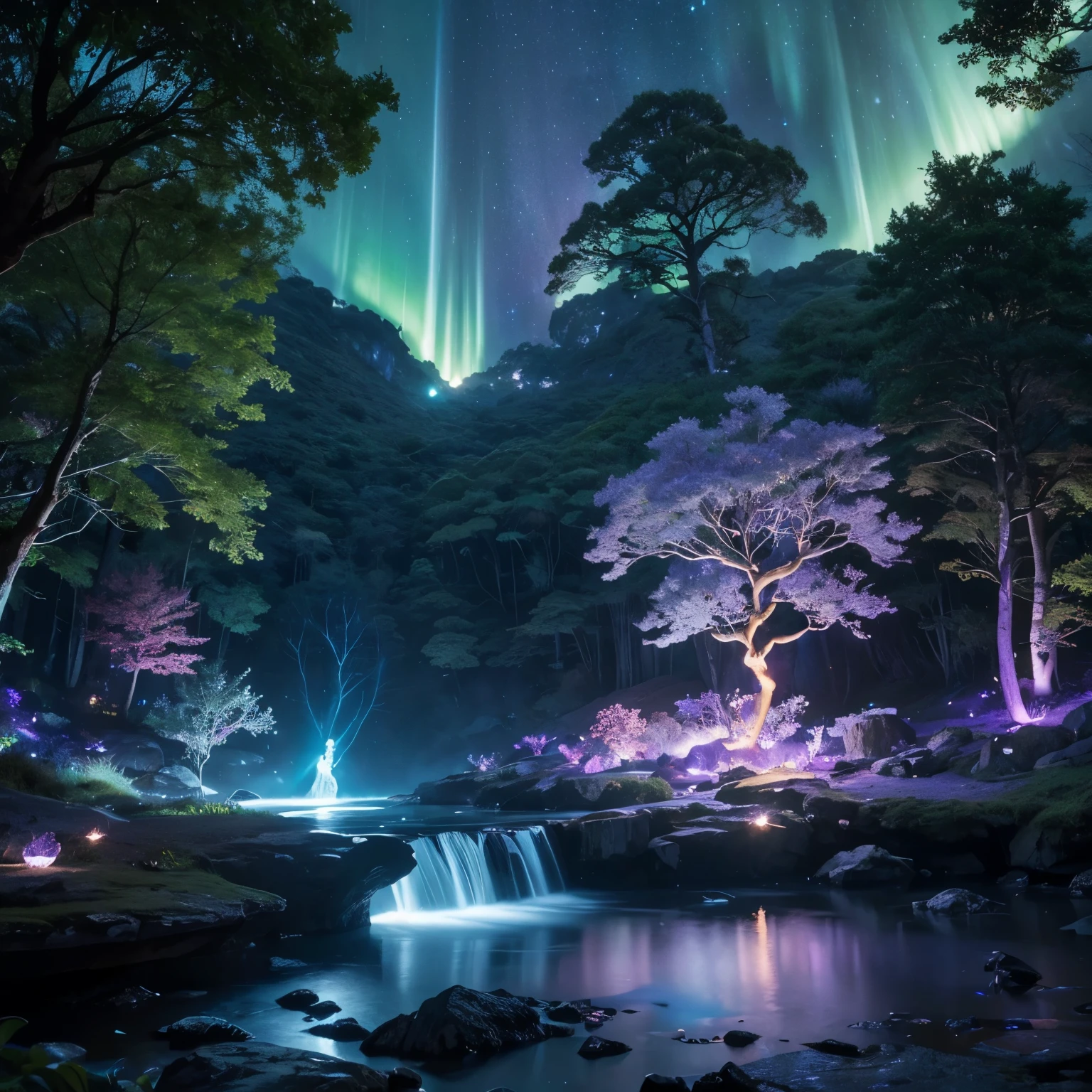 "Design an enchanting magical realm hidden deep within an ancient forest. The scene features towering, bioluminescent trees with glowing leaves in shades of blue, purple, and gold, casting an ethereal light over the landscape. A crystal-clear stream winds through the area, with sparkling water that glimmers like liquid starlight. In the center of the clearing, a floating island hovers above the ground, held aloft by shimmering, golden magic runes. The island is adorned with vibrant, otherworldly flowers and a small, glowing crystal shrine emanating a soft, pulsating light. Fireflies and mystical creatures, like luminous deer and winged foxes, roam the area peacefully. The sky above is painted with swirling galaxies and auroras, adding a celestial charm to the already magical atmosphere."