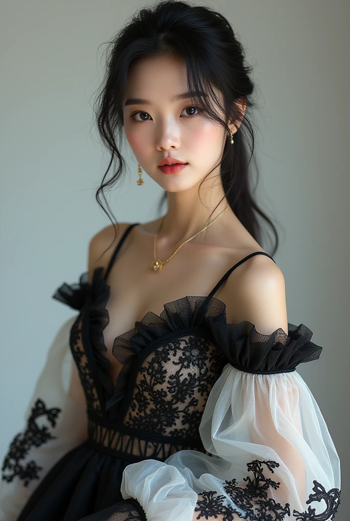 (8k, RAW photo, best quality, masterpiece:1.2), (realistic, photo-realistic:1.2), ultra-detailed, 1girl, looking at viewer, upper body, realistic, middle breasts, excessively frilled princess dress, draped clothes, jewelry, ornament, flower, lace trim, detailed skin texture, detailed cloth texture, beautiful detailed face, intricate details, ultra detailed, rim lighting, side lighting, cinematic light, ultra high res, 8k uhd, film grain,best shadow, delicate, RAW