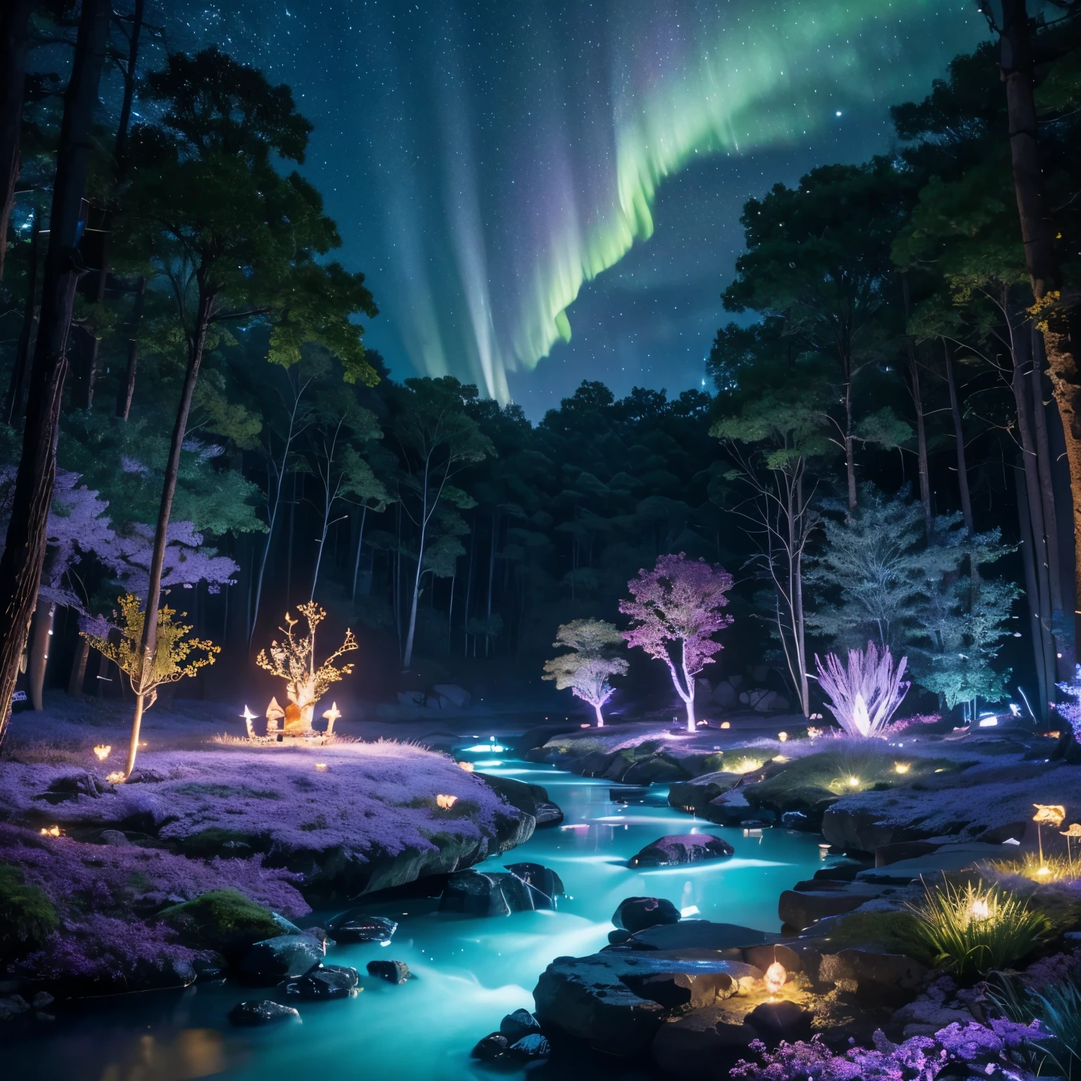 "Design an enchanting magical realm hidden deep within an ancient forest. The scene features towering, bioluminescent trees with glowing leaves in shades of blue, purple, and gold, casting an ethereal light over the landscape. A crystal-clear stream winds through the area, with sparkling water that glimmers like liquid starlight. In the center of the clearing, a floating island hovers above the ground, held aloft by shimmering, golden magic runes. The island is adorned with vibrant, otherworldly flowers and a small, glowing crystal shrine emanating a soft, pulsating light. Fireflies and mystical creatures, like luminous deer and winged foxes, roam the area peacefully. The sky above is painted with swirling galaxies and auroras, adding a celestial charm to the already magical atmosphere."