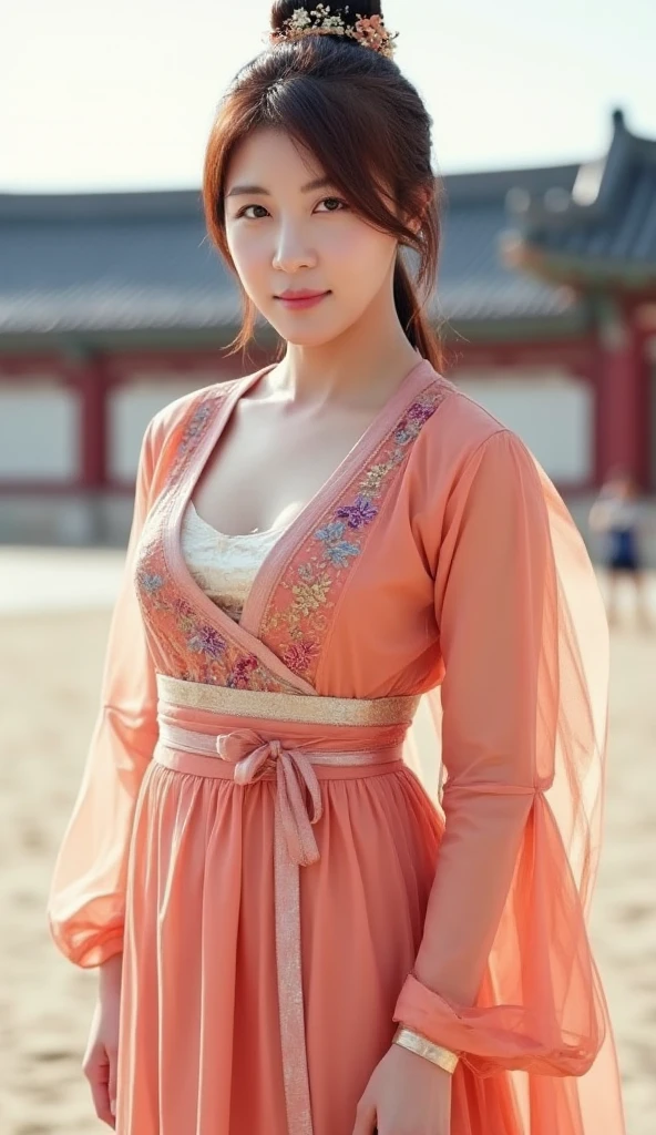 (Super Photographic, realism photo ), Front view , looking at viewer , standing pose, Full body, on beech sand ,  right hand on hip, 1 female, beautiful face, Korean woman , Ha jiwon of Gambler, 30-age, (black ban hair, dark brown hair, stick decoration hair pin and flower  smile) , D cup breasts,  wide hip, slim body,  ファンジニ、ancient Korea costume, in Korean palace, noon, (anatomically correct, textured skin, masterpiece, Highest quality, masterpiece, God-like quality, Godly art, Very realistic)