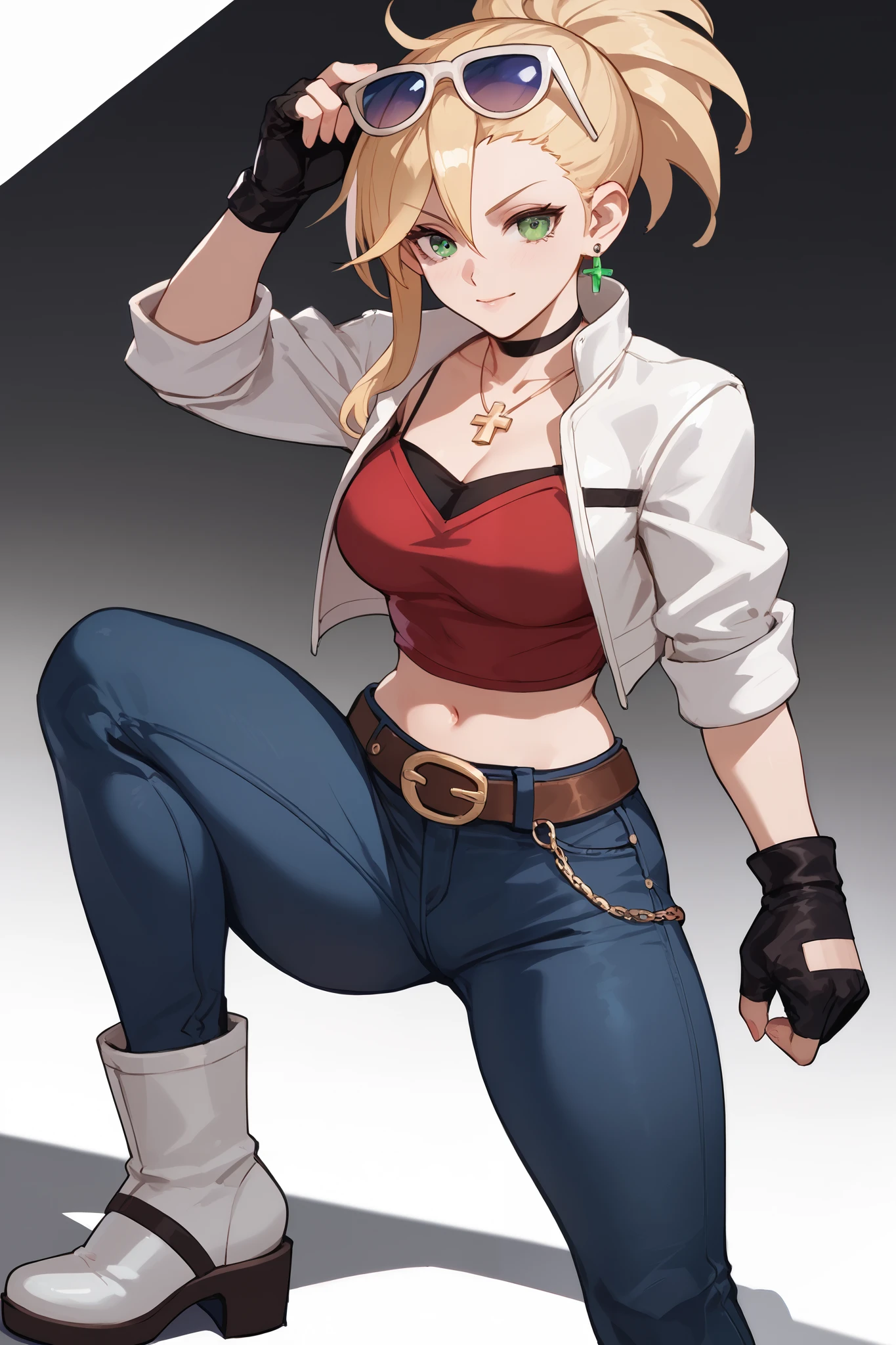 20 year old girl, long flowing blonde hair, blue sunglasses on head, cute face, green eyes, light blush, green earrings, prism necklace, black tube top with a white cross, open midriff, white biker jacket, red vest, fingerless gloves, jeans,loose brown belt, steel toe boots, large chest, thin waist, standing, relaxed down arms,