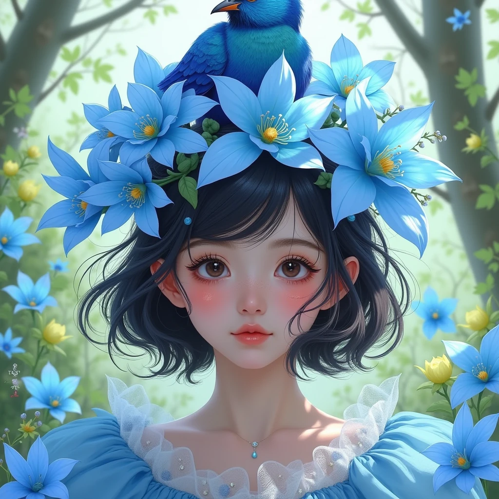 There is a bird on the girl&#39;S head in the painting  ，There is a blue bird on the head,  digital art inspired by Hsiao Rongcheng ,  the winner of the Béchamps contest  ,  pop surrealism, There&#39; There is a bird on the head ,  a beautiful art illustration  , Fantasy illustrations, Shin Jin Hye Art, Beautiful digital illustrations , Beautiful digital illustrations , Sachin Vine ,  wearing a blue flower crown  ,  beautifully illustrated 
