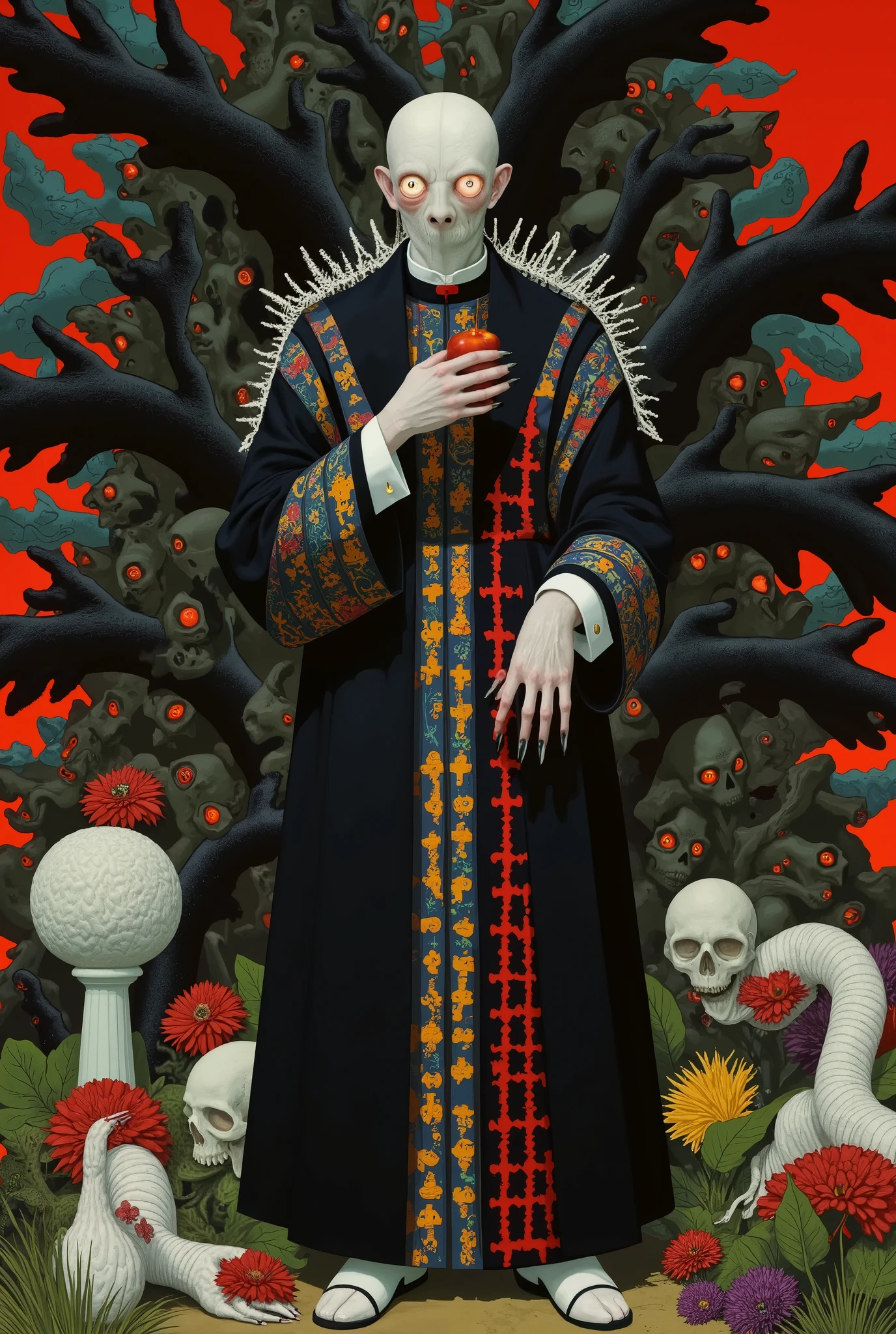ilustración de un Pope (priest) with the face of a bat (Neo-Catholicism ) (Pope), one of his hands holds an apple with fire , in his other a snake wraps around his arm, Dribbble illustration , Pope paloma (BAT PRIEST ), (POPE HAT ) ( BEAUTIFUL AND DETAILED VICTORIAN CLOTHING WITH CROSS PATTERN (100 crosses )). Include elements : vase , skulls , plants, flowers crosses .(Occult sorcery ) (Catholic punk ). inspired by Tim Biskup, Adobe Illustrator Art, in the style of digital illustration, Created in Adobe Illustrator, Behance vector hd ,, Fabulous Illustrations,, Occultism, A beautiful artistic illustration