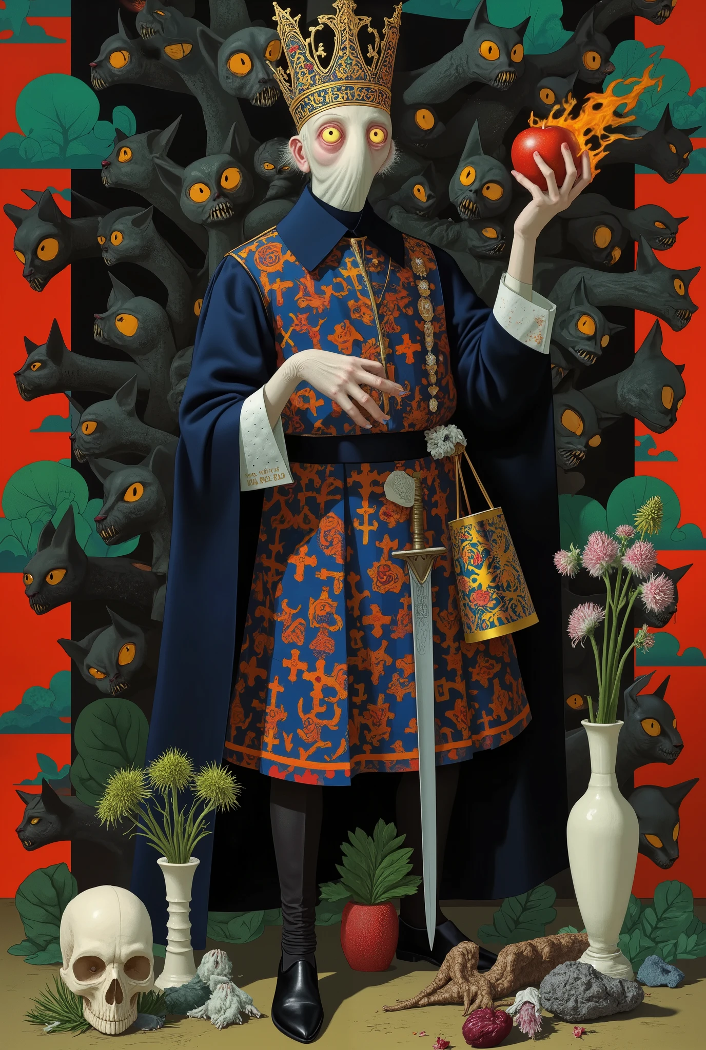 illustration of an anthropomorphic Christian bishop bat (Pope) , (Neo-Catholicism ) (Pope), (He wears a papal hat ) one of his hands holds an apple with fire , on his other a sword , Dribbble illustration , Pope paloma (obispo) bat), (POPE HAT ) ( BEAUTIFUL AND DETAILED VICTORIAN CLOTHING WITH CROSS PATTERN (100 crosses )). ( textile pattern with tiny embroidered crosses , scattered all over the textile ) Include elements : (vase , skulls , plants, flowers crosses ). (Occult sorcery ) (Catholic punk ). inspired by Tim Biskup, Adobe Illustrator Art, in the style of digital illustration, Created in Adobe Illustrator, Behance vector hd ,, Fabulous Illustrations,, Occultism, A beautiful artistic illustration