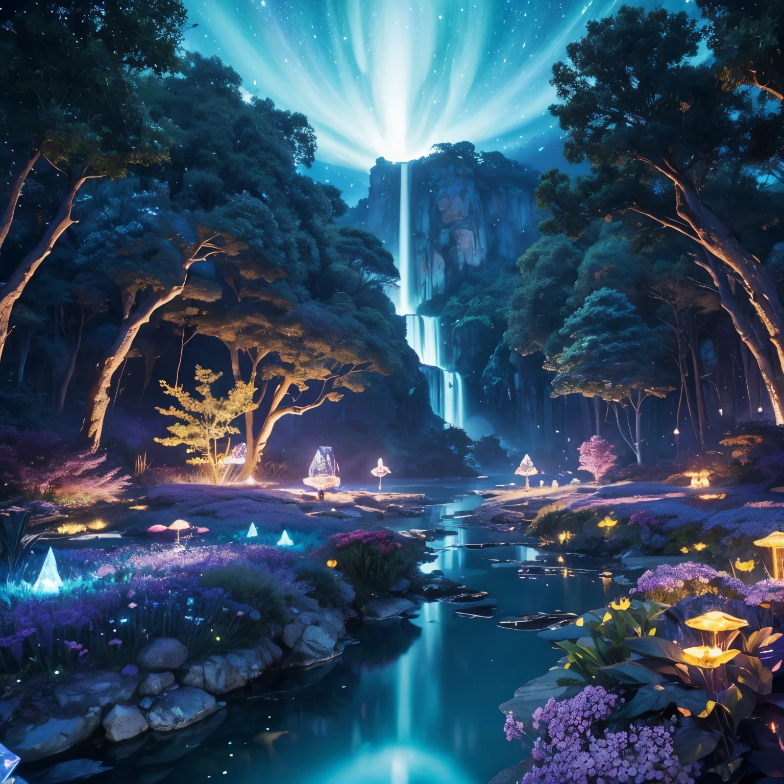 "Design an enchanting magical realm hidden deep within an ancient forest. The scene features towering, bioluminescent trees with glowing leaves in shades of blue, purple, and gold, casting an ethereal light over the landscape. A crystal-clear stream winds through the area, with sparkling water that glimmers like liquid starlight. In the center of the clearing, a floating island hovers above the ground, held aloft by shimmering, golden magic runes. The island is adorned with vibrant, otherworldly flowers and a small, glowing crystal shrine emanating a soft, pulsating light. Fireflies and mystical creatures, like luminous deer and winged foxes, roam the area peacefully. The sky above is painted with swirling galaxies and auroras, adding a celestial charm to the already magical atmosphere."