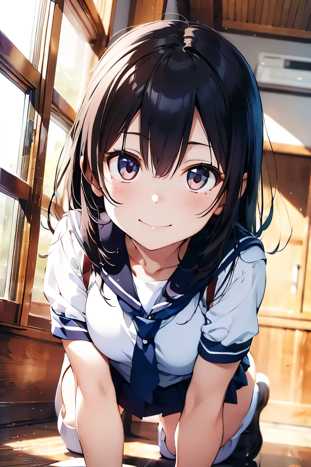 (extremely high quality artwork), (extremely detailed CG 8k), (masterpiece) ,(extremely cute girl), short, (innocent face), ((innocent smile)), shiny hair, (slim body), (small breasts), ((finely detailed beautiful eyes)), (eyes with brightness), look at viewer, (seductively posing on all fours on floor), (spread legs), (school uniform), (white sailor suit), (((lower body is completely naked))), beautiful skin, pale skin, shiny skin, (bright color), vibrant colors, natural light, (glare), 
