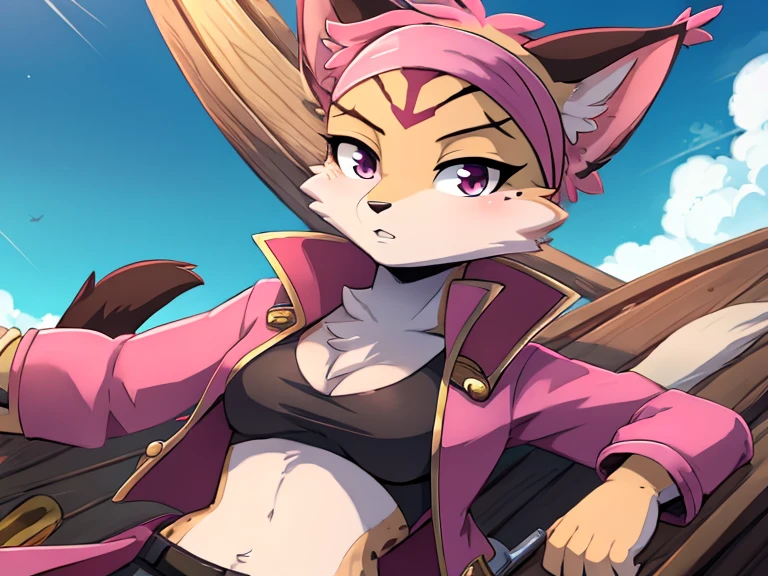 female fluffy pirate cat,(( pink pirate headband)) for 1 eye, spot on one eye, scull, in military clothes,  in the sky on a flying pirate ship  + anime