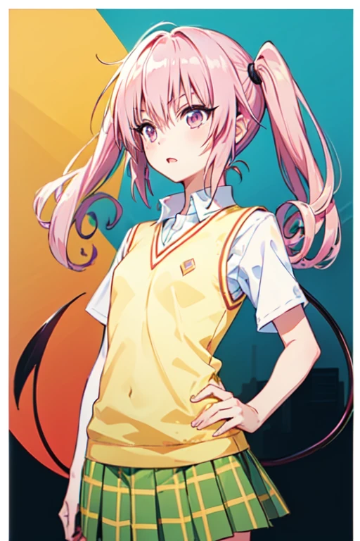  Nana Asta Deviluk, girl 、一人の girl 、tooth,  long hair,  pink eyes,  Pink Hair, Tail, demon Tail、twintails,  flat chest,  white shirt,  sweater vest, ( yellow vest :1.1), Short sleeve,  plaid skirt ,  green skirt , Short sleeve, best quality,blush