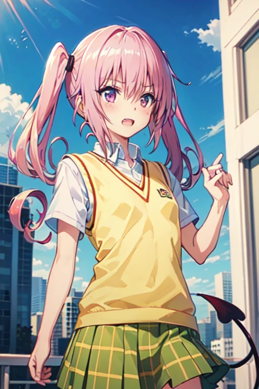  Nana Asta Deviluk, girl 、一人の girl 、tooth,  long hair,  pink eyes,  Pink Hair, Tail, demon Tail、twintails,  flat chest,  white shirt,  sweater vest, ( yellow vest :1.1), Short sleeve,  plaid skirt ,  green skirt , Short sleeve, best quality,blush