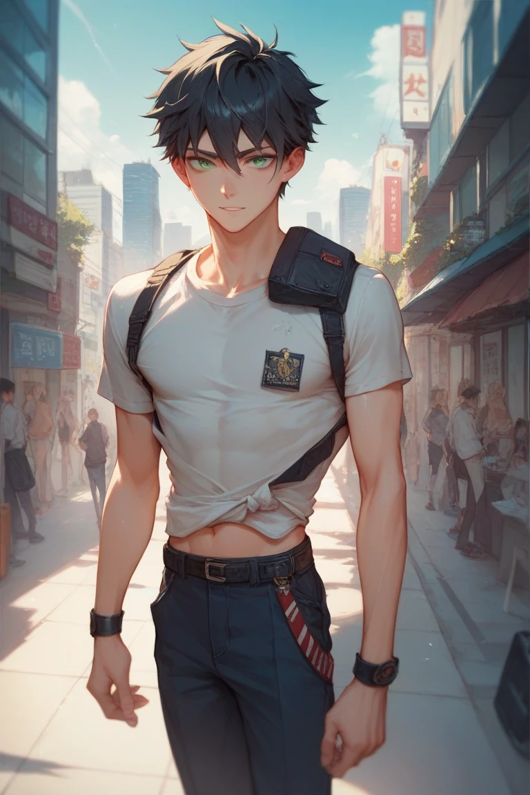 Young man wearing a rocker vest, by the wide, In his right hand he carries an ax that absorbs his blood in a cyberpunk night scene., green red blue cyberpunk background