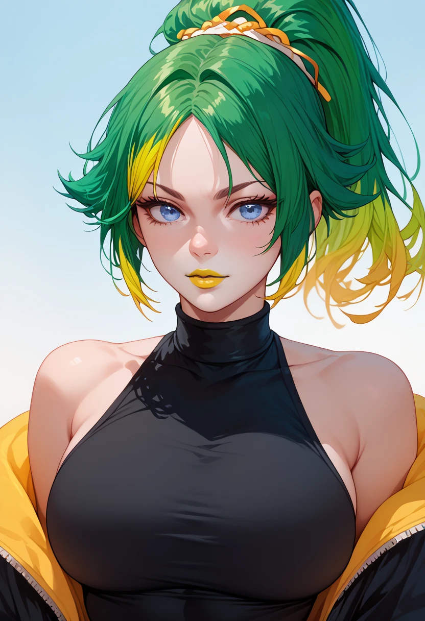 woman, white skin, yellow lipstick, yellowish green hair, multicolored hair, ponytail, blue eyes, large breasts, anime style, black clothes,