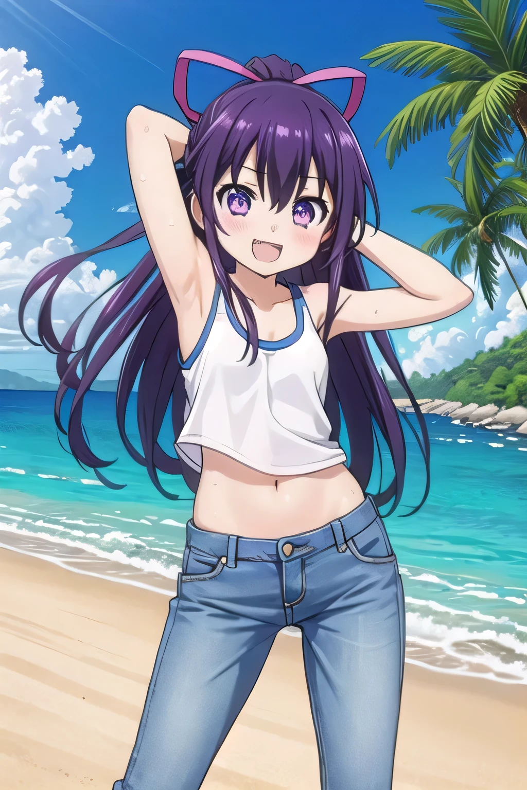 masterpiece,best quality,ultra detail,1girl, 14yo, petite, ((round face, ecstasy, orgasm face, drooping eyes, shame smiling, blush)), dropping eyes, sleepy, background((under the beach, (day:1.2), palm tree, bright sky)), tohka yatogami casual, long hair, purple hair, (purple eyes:1.1), hair ribbon, ponytail arms behind head, contrapposto, spread armpits, looking at viewer,, White tank top, White crop top, jeans, blue pants, (flares jeans 1:1), blue jeans, standing, (legs spread:3:1), dynamic pose, Sweaty crotch, Steam from the crotch, from view nice, quarter body