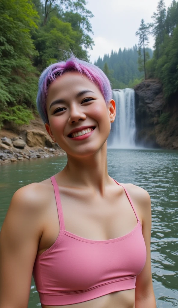 (((photorealism:1.2))), A sweet and endearing teenage Thai girl with a fair complexion, short hair dyed in shades of purple and pink, flowing lightly in the breeze. Her round face radiates charm and innocence, with her joyful laughter exuding both shyness and delight. She wears a soft pink sports bra, adorned with small, age-appropriate accessories. The camera captures her up close from a slightly low angle, enhancing her prominence and creating depth in the composition. Her expression is framed by the soft sunlight filtering through the mist of a powerful waterfall in the background. The crystal-clear stream she emerges from glistens in the foreground, while smooth rocks and scattered water droplets add texture. The faint rainbow formed by sunlight on the water spray arcs delicately behind her. Towering autumn-hued trees complete the scene, with the image rendered in a natural, realistic style, as if taken by a travel photographer using a high-quality smartphone camera, highlighting every vibrant and authentic detail.
