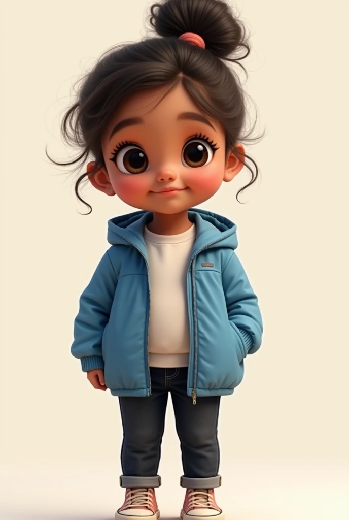 Create a 3D animation of a cartoon caricature with a big head. a 50 year old Indonesian man. She has short, curly hair in a black pixie cut. His face is oval with smooth lines, thick and neat black eyebrows, normal eyes, a small, sharp nose, and thin lips with a wide, friendly smile. He wore a dark red leather hoodie over a white t-shirt. Gradient blue background with professional lighting. masterpiece, top quality, highly detailed skin and face, ultra-realistic, high definition, studio lighting, sharp focus, 2/3 body angle, Concept Art, 3D rendering.