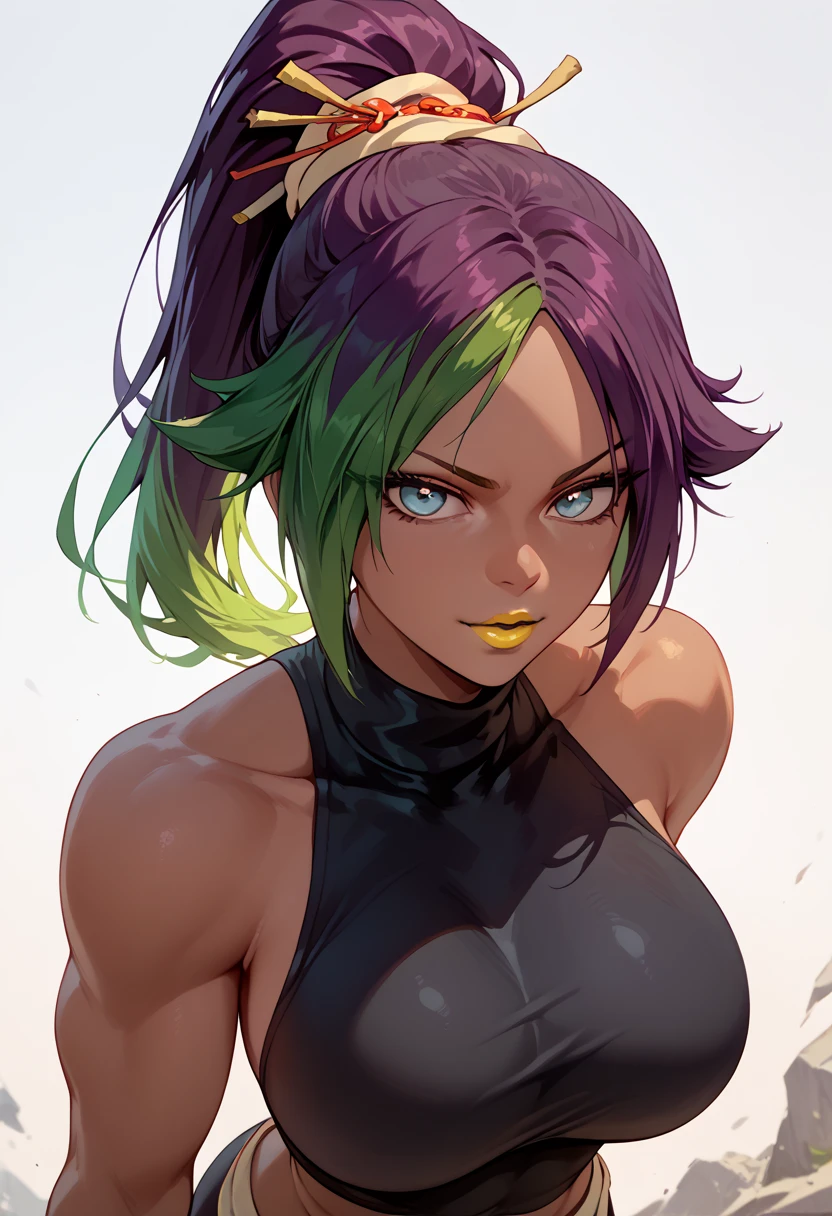 woman, white skin, yellow lipstick, yellowish green hair, multicolored hair, ponytail, blue eyes, large breasts, anime style, black clothes, Yoruichi 