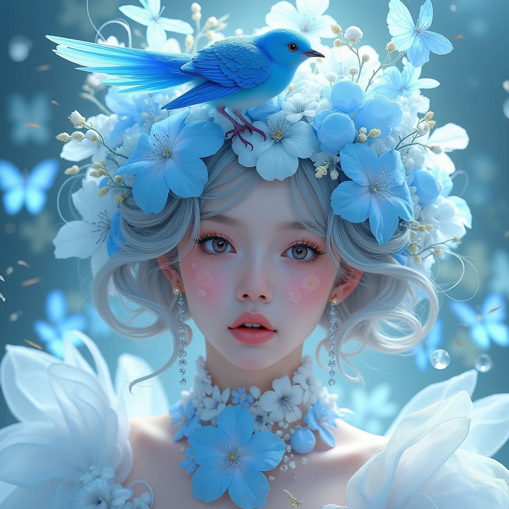  ， there is a blue bird on the head ,  digital art inspired by Hsiao Rongcheng ,  the winner of the Béchamps contest  ,  pop surrealism,  a beautiful art illustration  , Fantasy illustrations, Shin Jin Hye Art, Beautiful digital illustrations , Beautiful digital illustrations , Sachin Vine ,  wearing a blue flower crown  ,  beautifully illustrated 
