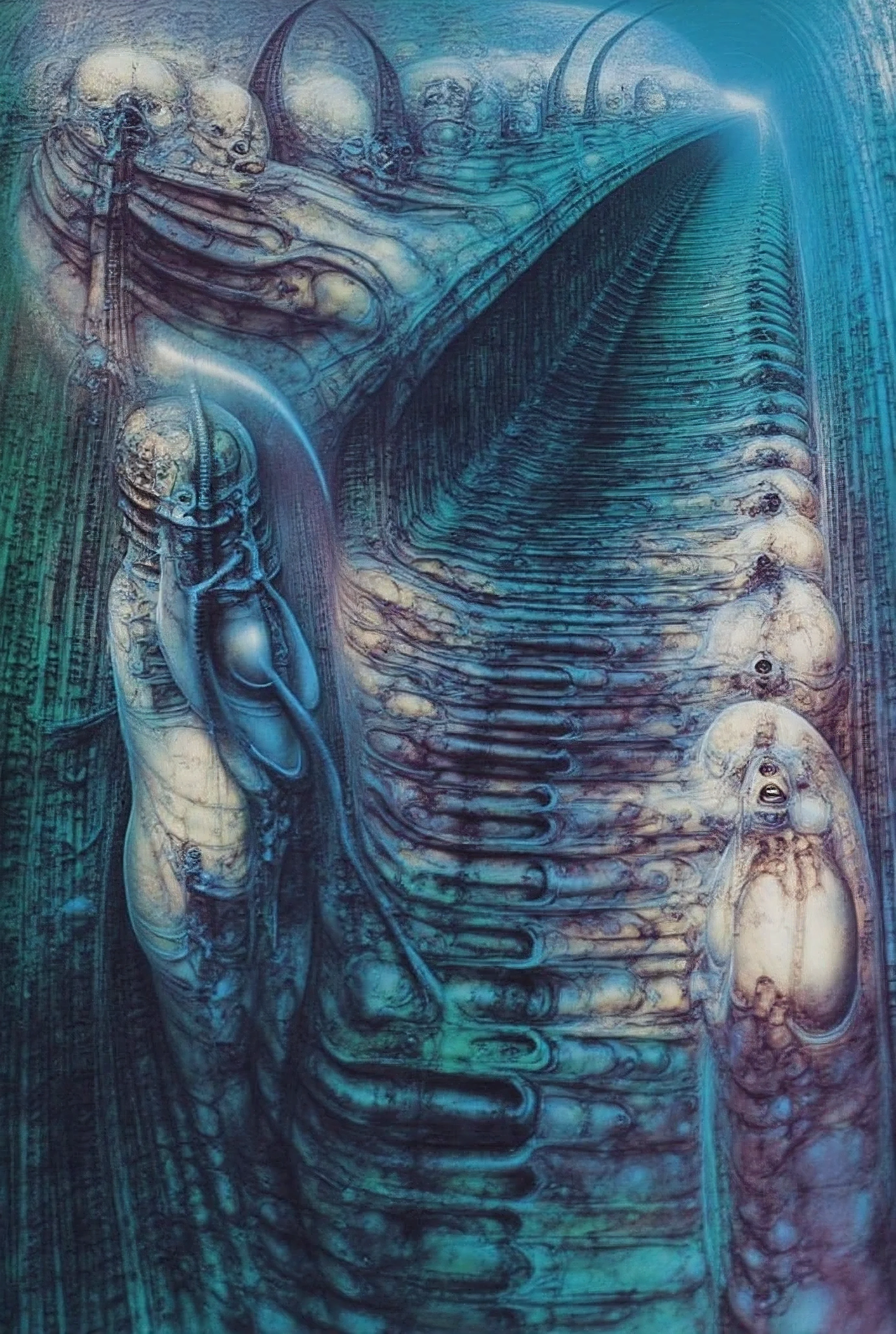 g1g3r, Giger_style, The image is a detailed view of H.R. Giger's \" Li II \" plate, featuring a complex network of bones and organs in a purple-brown hue ,swirling gray and brown colorsgroup of three alien figures positioned in the foreground.  Emaciated and skeletal, with hollow eyes, they appear to be constructed from bone and  metallic  elements,  a  characteristic  fusion  of  organic  and  mechanical  forms  found  in  Giger's  biomechanical  art.  
 The image features a robotic humanoid figure with intricate mechanical details, standing in a room and a hand reaching out to touch its face.  The background is a dark and  limited  space  painted  in  a  uniform  blue-green color.  This  lack  of  detail  keeps  the  focus  on  the  figures  and  creates  a  sense  of  mystery  about  their  environment.  Receding into the distance  are  a  series  of  arches  and  tunnels  that  hint  at  a  larger  biomechanical  landscape,  possibly  the  work  of  the  creatures  themselves The artwork is silver and purplish brown, with an ivory bones prominently displayed. The image is highly detailed and intricate, almost like a 3d version of a medical diagram (detailed view of an anatomy model, possibly of a human body, with transparent organs and bones exposed). The piece has a thick mechano-organic texture and is covered in fine details. The image has a swirling, organic quality to it. The artistic manner would be unmistakably Gigeresque. A dark and unsettling beauty would permeate the piece, blurring the lines between fascination and repulsion , forever haunted by the grotesque allure. Giger's signature artistic manner would be evident in every stroke. The airbrush would be wielded with masterful precision to create a hyperrealistic yet nightmarish aesthetic.., ooze soaked pajama top
