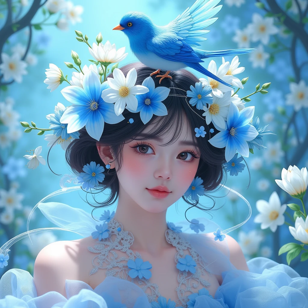  ， there is a blue bird on the head ,  digital art inspired by Hsiao Rongcheng ,  the winner of the Béchamps contest  ,  pop surrealism,  a beautiful art illustration  , Fantasy illustrations, Shin Jin Hye Art, Beautiful digital illustrations , Beautiful digital illustrations , Sachin Vine ,  wearing a blue flower crown  ,  beautifully illustrated 
