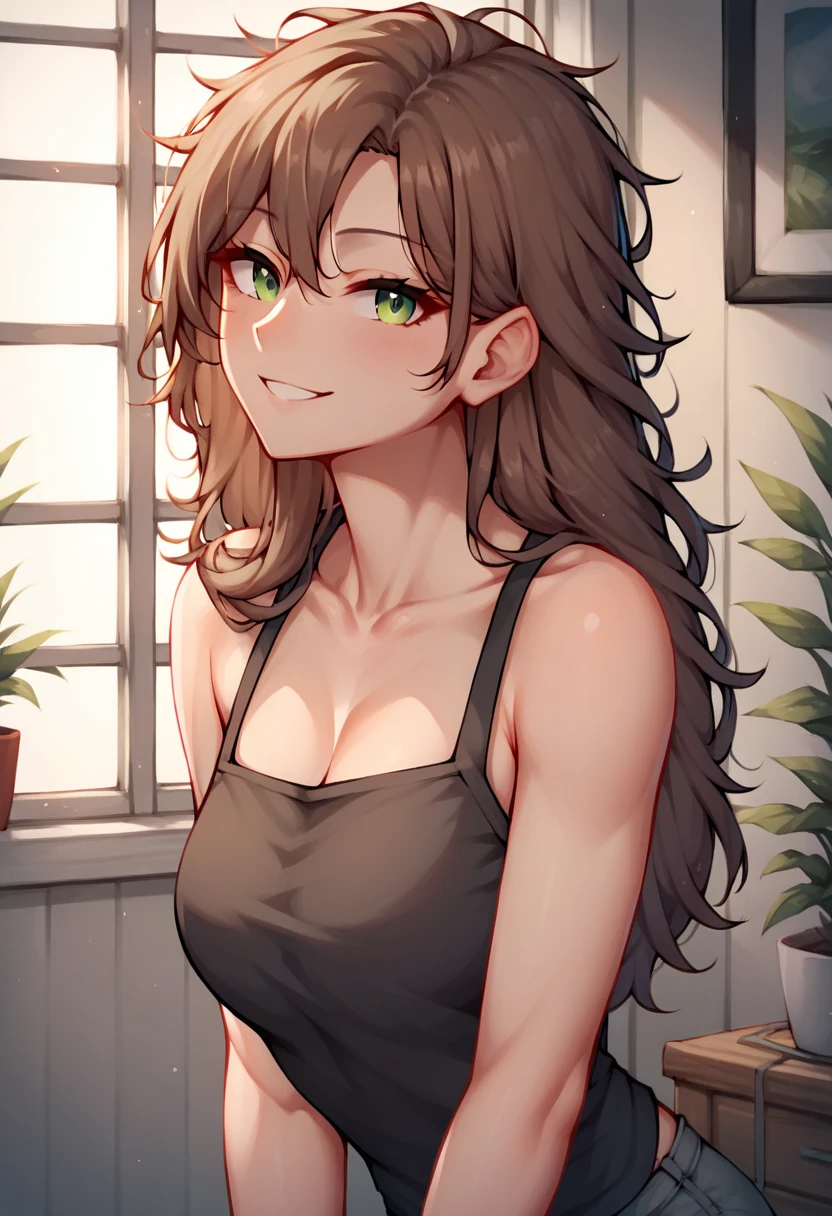 score_9, score_8_up, score_7_up, score_6_up, score_5_up, score_4_up, source_anime, 1girl, lisadef, upper body, sexy smile, +18, sexy woman, brown hair, long hair, green eyes, messy hair, black topic, shorts, full body, worth, turn your back, room, looking at the viewer, best quality, best res, 4K UHD,
 