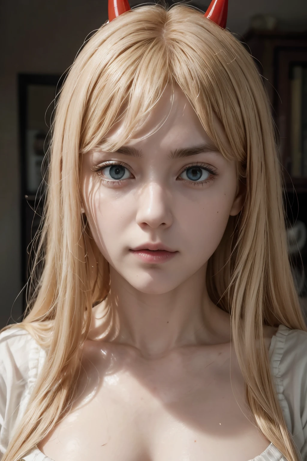 Power from chainsaw man, realistic, age 25, pure white skin, yellow pupils, cross shaped pupils, blonde long hair, red horns, perfect face, perfect shape body, perfect breasts, 3d, 8k hdr, nsfw, white button shirt, boobs out, big cleavage, boobs out, exposing