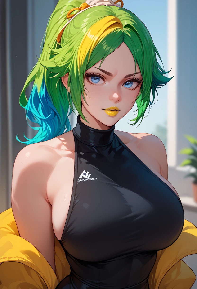 woman, white skin, yellow lipstick, yellowish green hair, multicolored hair, ponytail, blue eyes, large breasts, anime style, black clothes, 