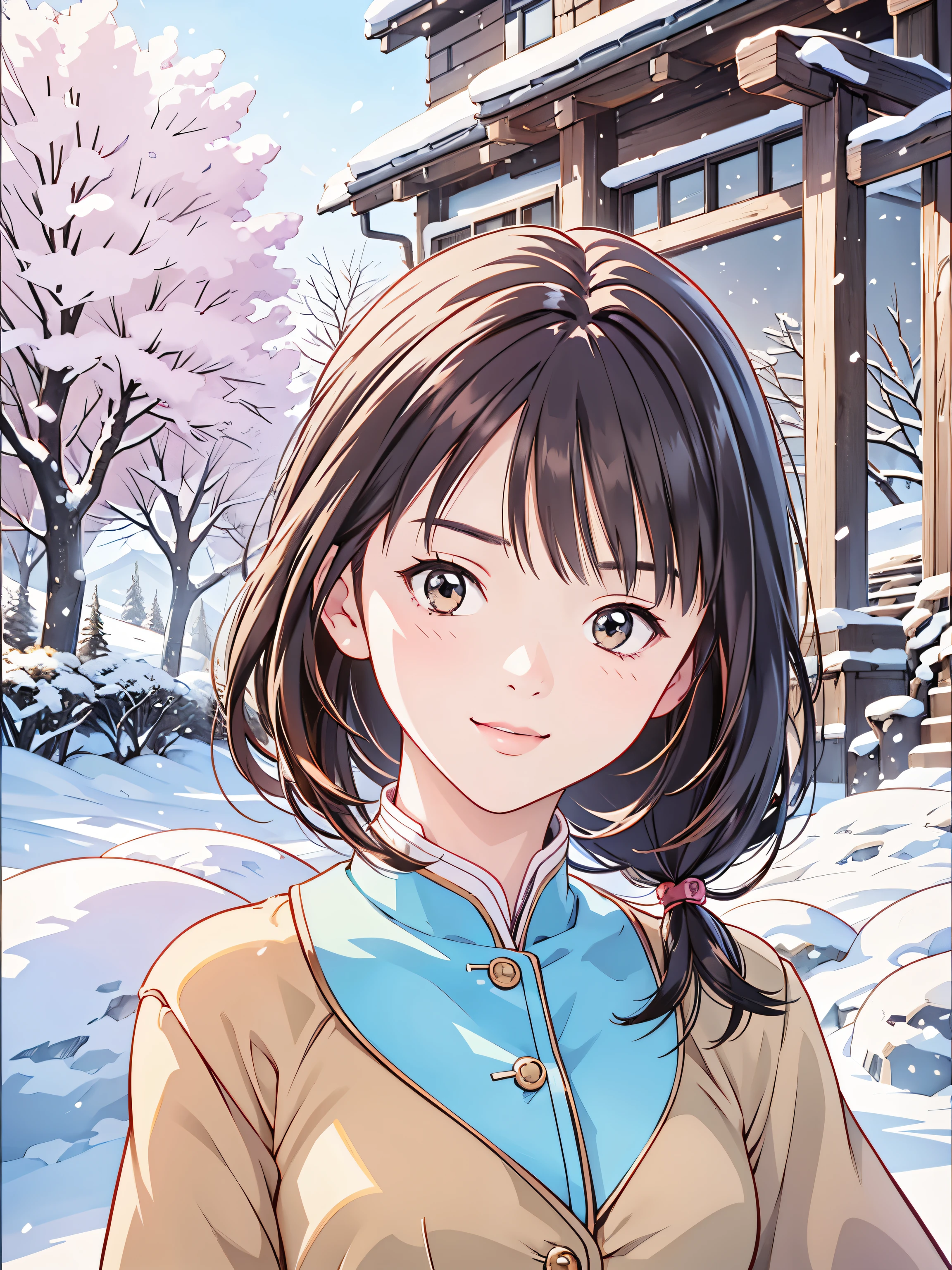 (8k、 top quality 、​masterpiece:1.2)、( realistic、 ultra-detailed、 super A high resolution、 1 girl、、 beautiful detailed face、smile、narrow、( slim waist) :1.3)、Spring Clothes、  、 skin texture、Floating Hair、  professional lighting 、 high school students suit overall body、Brown Hair、Shy、Mikity、Tree Eyes、 romantic in the snow、Juniorschool studeidol poses、In the mountains、