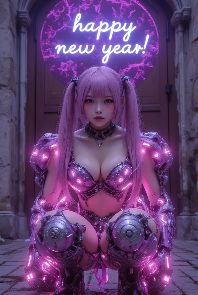 ultra-realistic, photorealistic, dramatic scene, shadow, global-illumination, solo, perfect anatomy, perfect fingers, (teenage Japanese famous idol girl but cyborg), very beautiful with very cute face, detailed face skin texture, (modern maid but futuristic cyborg), intricated complex cyber punk mechanical neon cyber cyborg body, (her cyborg body is fully covered with extremely detailed futuristic mechanical armored suits), absolutely complex futuristic cyborg body, neon markers are integrated in her body, head gear, (very large breasts), slim waist, She is squatting in front of the antique wooden gate at the old European castle, (the projection mapping of the words "Happy New Year!" are projected on the castle with blue laser), beautiful new year's sunrise from the snow mountain, purple with pink