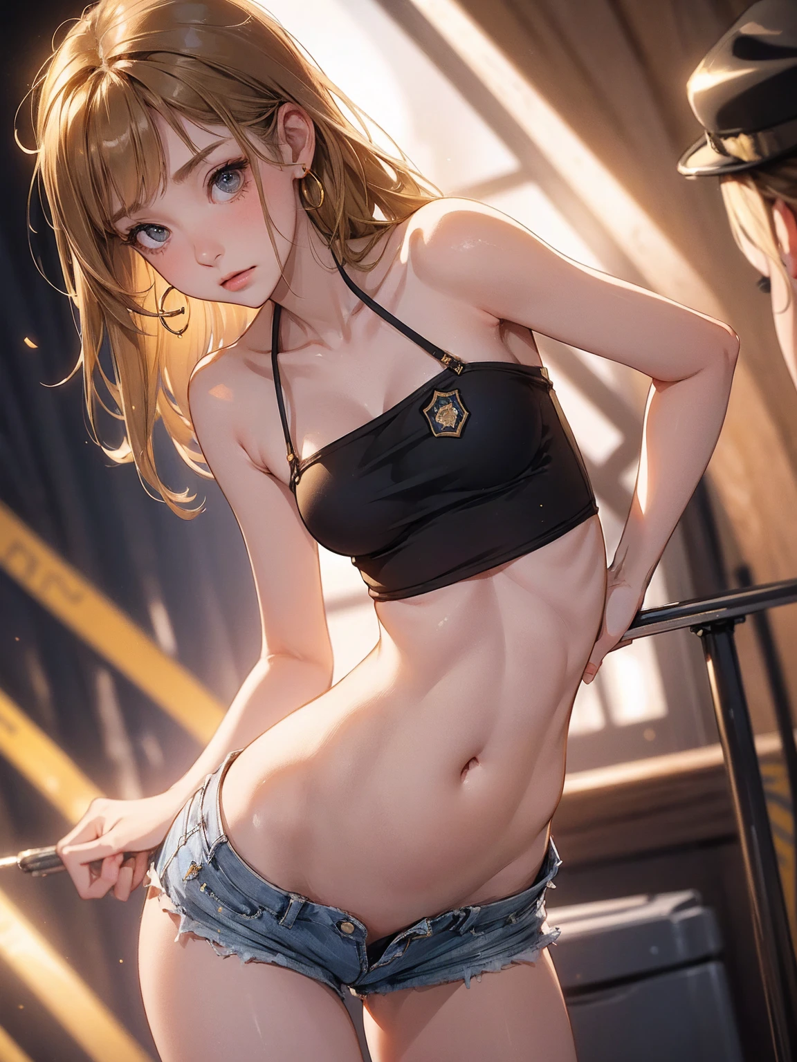 (masterpiece), best quality, expressive eyes, perfect face, nightclub background), (standing), (smirk), (closeup view), (1girl, blaire ivory,), golden  brown hair ,slender figure, thin body, skinny body, petite_body, small breasts, slim thighs, long fingernails, ,white shorts, crop top, thong straps, hoop earrings, miscellaneous jewelry, (((police officer, slutty)), slim hips