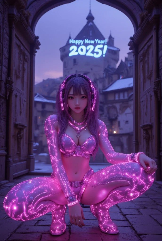 ultra-realistic, photorealistic, dramatic scene, shadow, global-illumination, solo, perfect anatomy, perfect fingers, (teenage Japanese famous idol girl but cyborg), very beautiful with very cute face, detailed face skin texture, (modern maid but futuristic cyborg), intricated complex cyber punk mechanical neon cyber cyborg body, (her cyborg body is fully covered with extremely detailed futuristic mechanical armored suits), absolutely complex futuristic cyborg body, neon markers are integrated in her body, head gear, (very large breasts), slim waist, She is squatting in front of the antique wooden gate at the old European castle, (the projection mapping of the words "Happy New Year! 2025" are projected on the castle with blue laser), beautiful new year's sunrise from the snow mountain, purple with pink