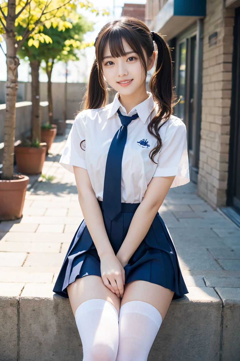 Close-up of a woman posing for a photo,  japanese model model,  female model,  4k、bangs、black haired、beaver、middle hair、straight hair、(white shirt, crew , dark blue pleated skirt:1.2),　(Super cute face with idol style:1.2)、school classroom、slim and beautiful body、beautiful breasts、laughter、full body esbian、The background is an empty park、beautiful feet、sexy pose、white socks、white sneakers、