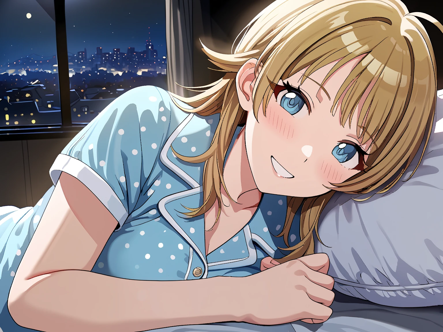 (masterpiece), (Highest quality), (Very detailed), (The best shape), (Best Shadow), (Absurd), (Detailed Background), (so beautiful), Shiny, Beautiful eyes in every detail, Extraordinary, Countershading, 8k, 32K, High resolution, Very Detailed CG,

Hachimiya Meguru, blonde hair, long hair, (blue eyes:1.2),
the idolmaster shiny colors,
anime style,
realistic skin,

(blush:1.3),
smile,
bedroom,
pajamas ,
pov across bed,
bed invitation,  lifting covers,
(pich-Dark Room:1.2),
(late night,:1.3)
わずかな明かり,
closed-up shot,