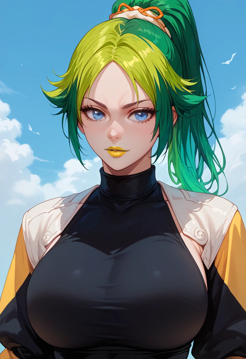 woman, white skin, yellow lipstick, yellowish green hair, multicolored hair, ponytail, blue eyes, large breasts, anime style, black clothes, 