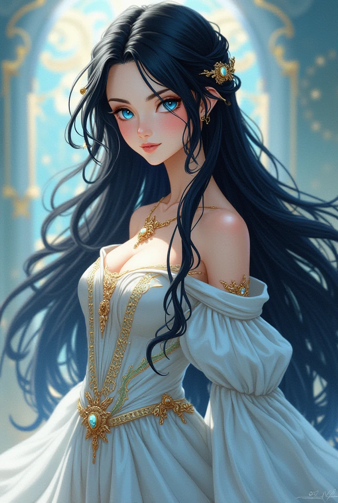 (portrait photo:1.3), adult woman, 38 year old female, medium breasts, wearing HUD_spr_armr, jeweled tiara, long chiffon dress, detached sleeves, jewelry, intricate engraved metal neckpiece, belt, pauldrons,<lora:HUD_spr_armr-07:0.65>, (long black wavy hair:1.2), cinematic, dramatic, 4k