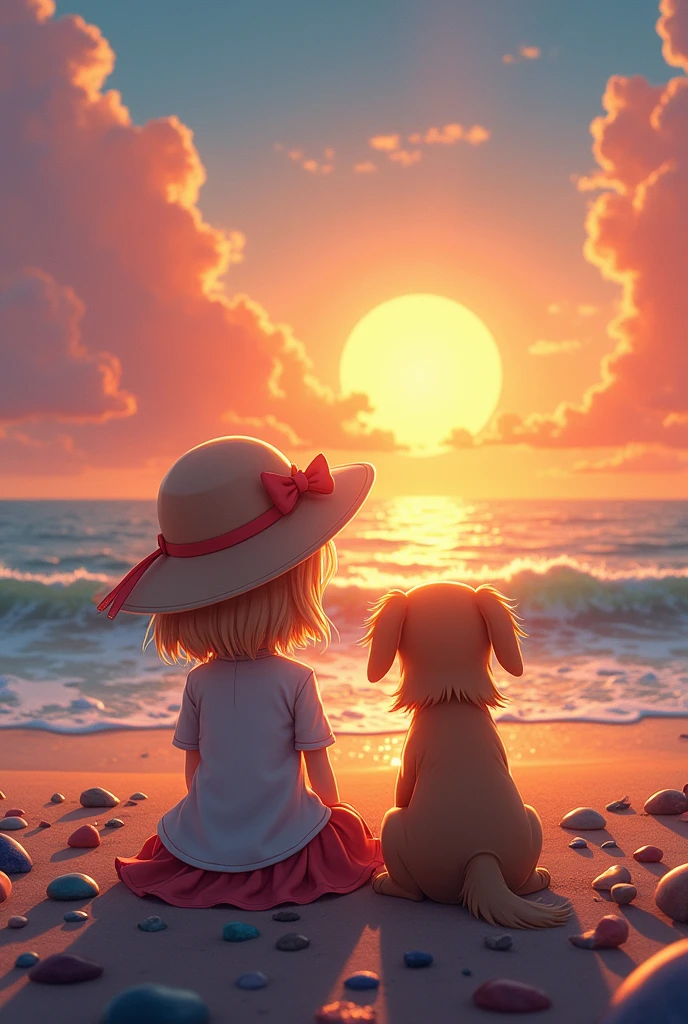 a tranquil sunset scene at the beach. In the foreground, a young e-girl is lying on her stomach on the sand, wearing a stylish bikini. She has a serene and relaxed expression, enjoying the moment. Next to her, a medium-sized dog is either lying down or sitting, both facing the ocean. The warm, golden light of the setting sun illuminates the scene, casting long shadows across the sand. The overall atmosphere should convey peace and tranquility, emphasizing the connection between the e-girl, her dog, and the natural beauty of the sunset.