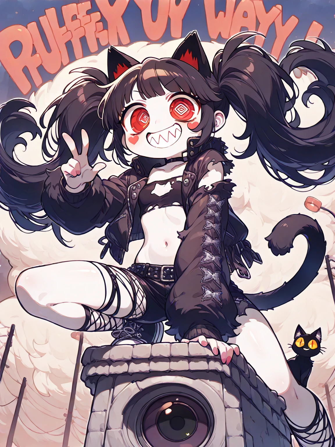 (solo:1.3), 1girl\(cute, kawaii, (Evil Smile), stand on the podium, text says (YAY♥:1.5),peace sign hand, black hair, (long hair),(twin tails:1.4), red eyes, (detail pupils:1.4),spiral eye, short jacket, shining eye, (big eye),(brest:1.3),(white skin:1.3), (punk fashion:1.6),(ripped clothes:1.3),(tight tube top),(tight hot pants),(stomach shown:0.7),(abs:0.8),(ripped black short jacket:1.4),(Fluffy black cat-ear:1.6),(dynamic pose:1.4),(bangs:1.2)\). BREEAK .background\(outside, noisy city, backstreet, narrow street, at night\), pop art, vivid color, (graffiti art:0.5)